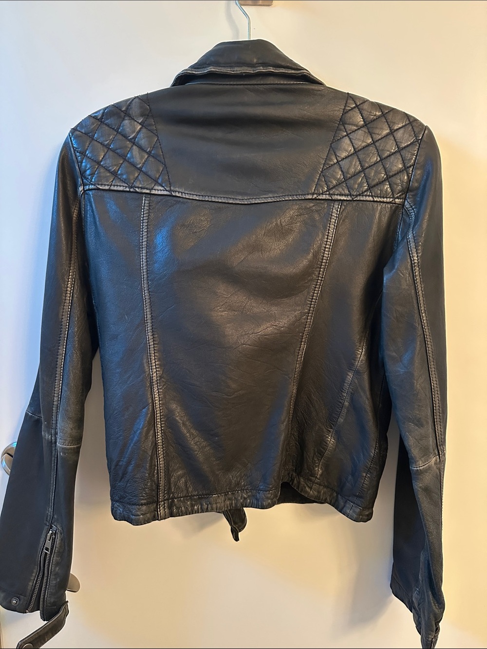 All Saints Black Quilted-Shoulder Leather Biker Jacket - Picture 3 of 4